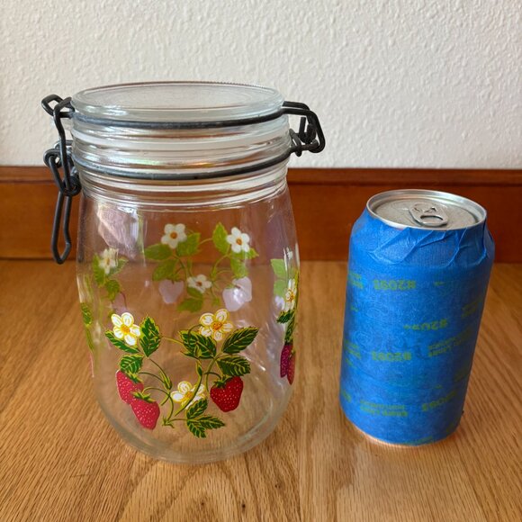 VTG ARC France Strawberry Blossom Glass Jar Metal Clasp NEW Rubber Seal 1 Liter - Picture 4 of 6